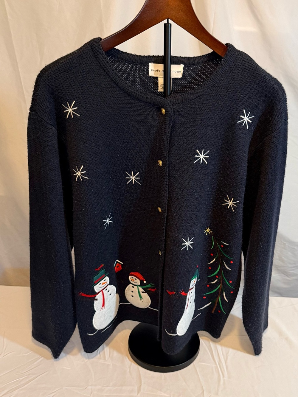 croft & barrow Navy Snowman & Tree Embroidered Holiday Cardigan (QQ13)